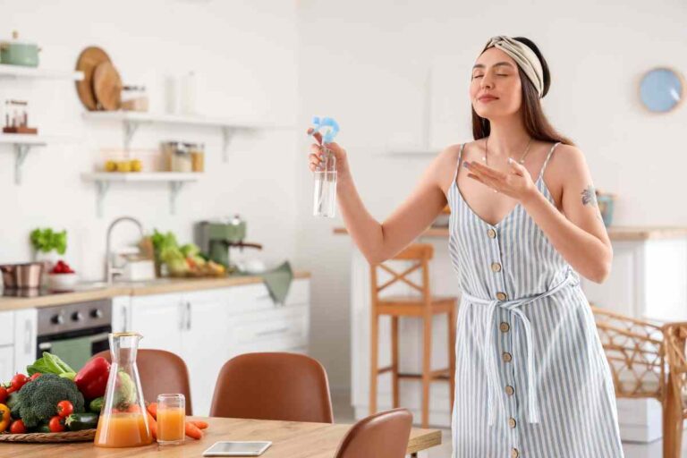 donna spruzza profumo in casa